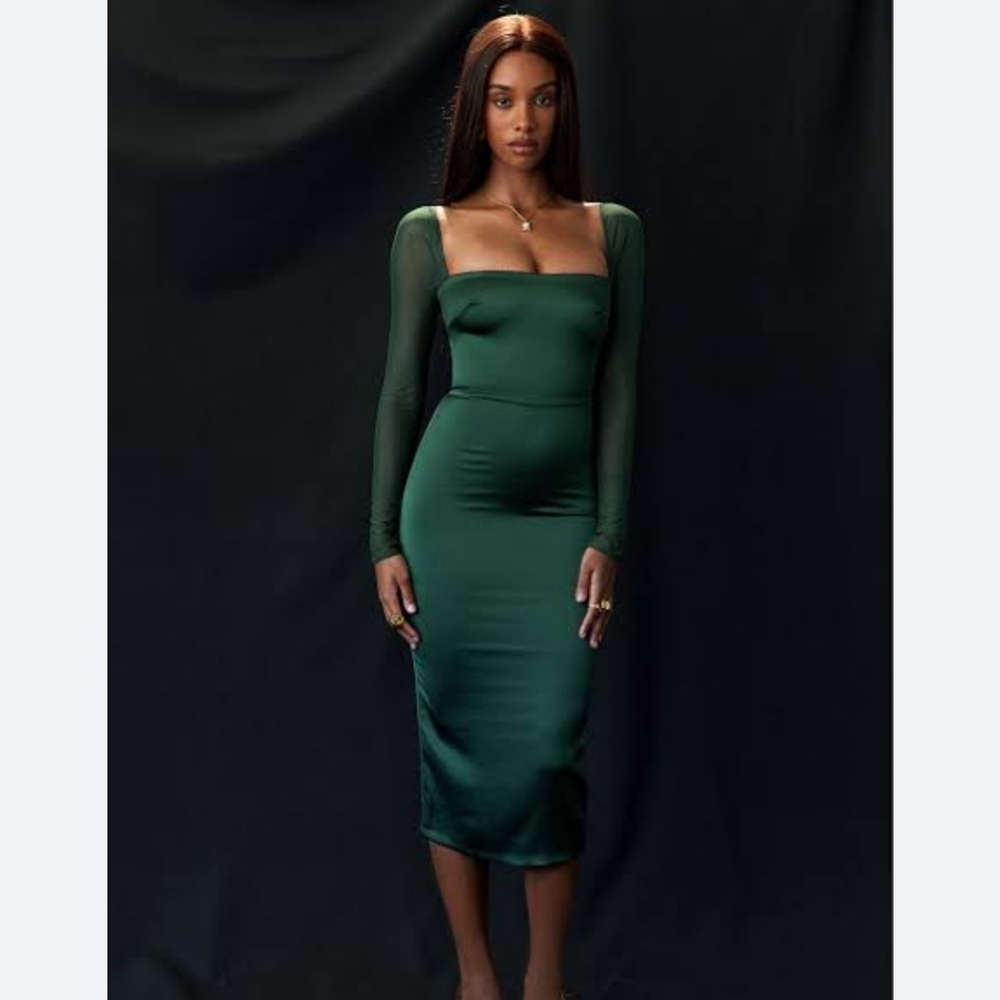 House of cb Ellica emerald green satin and meah midi corset dress